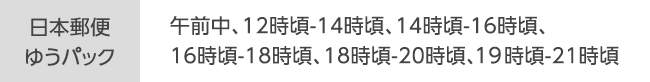 [日本郵便ゆうパック]午前中、12時頃-14時頃、14時頃-16時頃、16時頃-18時頃、18時頃-20時頃、20時頃-21時頃